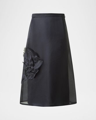 Akris Anemone Corsage Organza Midi Skirt