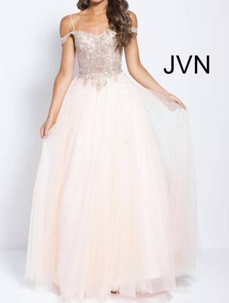 Jovani Embellished Off The Shoulder Prom Ballgown In Blush