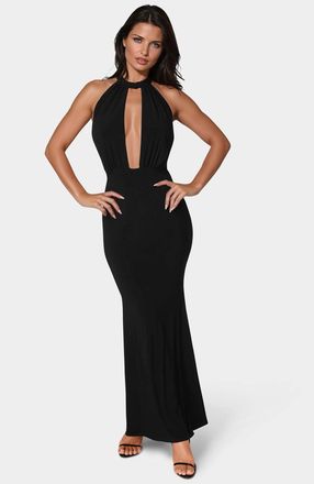 Bebe WomenS Plunge Neck Halter Floor Length Dress