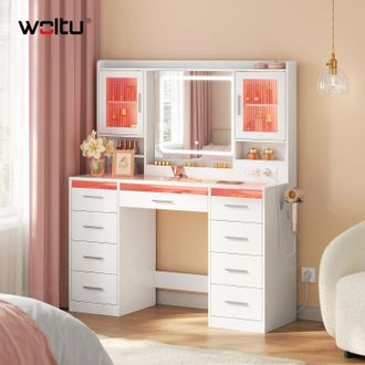 Woltu Woltu Tocador Con Luz Led, Enchufe Y Soporte Para Secador De Pelo, 110 Cm De Amplio Espacio De Almacenamiento, 9 Cajones, 2 Armarios Con Puertas, Blan