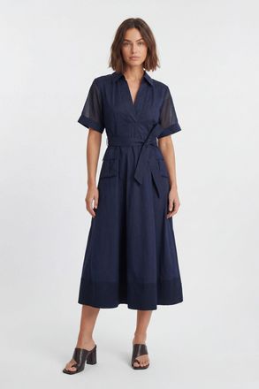 Karen Millen Womens Utility Organdie Cotton Mix Woven Maxi Dress - Navy - Size 10 UK