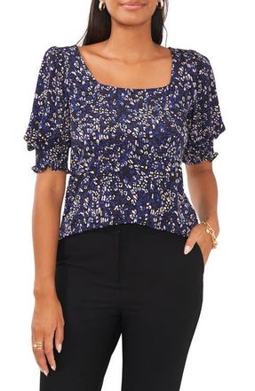 Chaus Leopard Square Neck Smocked Sleeve Blouse in Black/Blue at Nordstrom, Size Medium