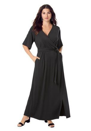 Roaman's Plus Size Flutter Sleeve Wrap Maxi Dress in Black at Nordstrom, Size 28