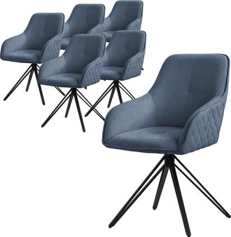 ML Design Ml-design Set 6x Silla De Comedor Giratoria Con Respaldo Y Reposabrazos Asiento Azul De Tela Tejida Tapizado Con Patas De Metal Sill&oacute;n Dise&ntilde;o Ergon&oacute;mi