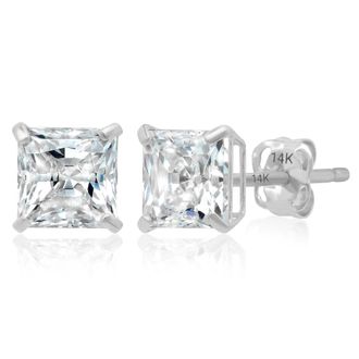 MAX + STONE 14k Yellow or White Gold Princess Cut Cubic Zirconia Stud Earrings 4MM to 7MM
