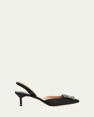 Manolo Blahnik Hangisi Kitten-Heel Satin Slingback Pumps