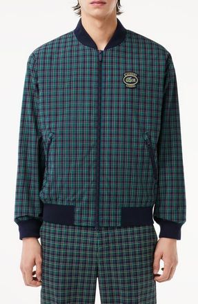 Lacoste Plaid Water Repellent Bomber Jacket in Marine/Multico at Nordstrom, Size 44 Us