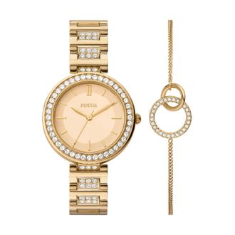 Fossil Womens Karli Three-Hand, Gold-Tone Alloy Watch and Bracelet Set