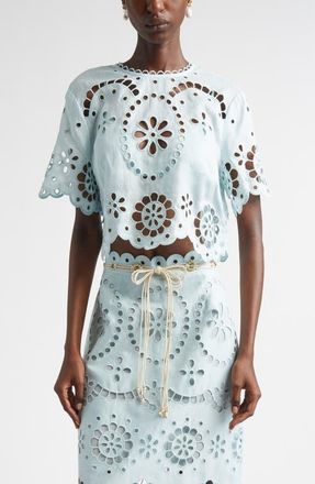 Zimmermann Awaken Embroidered Linen Crop Top in Mint at Nordstrom, Size 0P