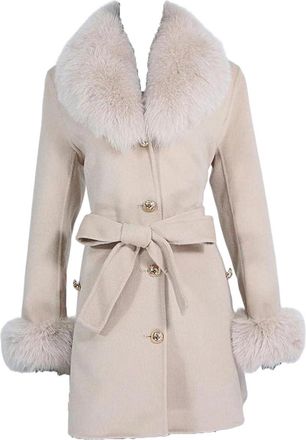 Generic Women Real Fur Natural Collar Cashmere Wool Woolen Warm Outerwear Streetwear Coat Jacket Beige L