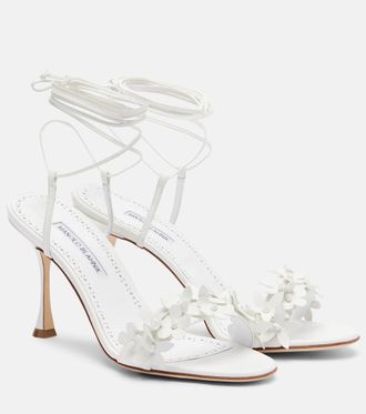 Manolo Blahnik Anista floral-appliqu&eacute; leather sandals