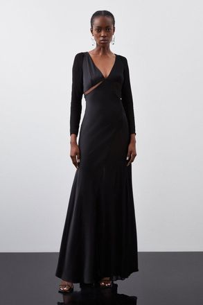 Karen Millen Womens Ooto Sheer Panelled Long Sleeve Woven Maxi Dress - Black viscose - Size 12 UK
