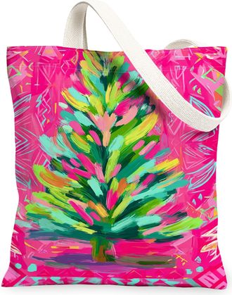 Generic Christmas Tree Canvas Tote Bags, Colorful Art Pattern Reusable Grocery Bags, Festive Bohemian Lightweight Washable Shoulder, Peach, 13x15 Inch