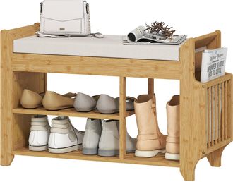 HOMCOM Homcom Banco Zapatero, Banco Recibidor Con Asiento Acolchado, Almacenamiento Lateral, Estante Para Botas, Marco De Bamb&uacute;, 80x30x50 Cm, Natural Y Beige