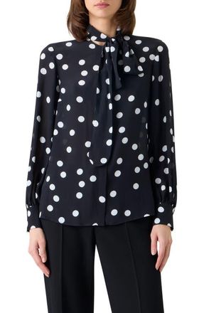 Akris Polka Dot Silk Georgette Tie Neck Top in Black-Cream at Nordstrom, Size 10