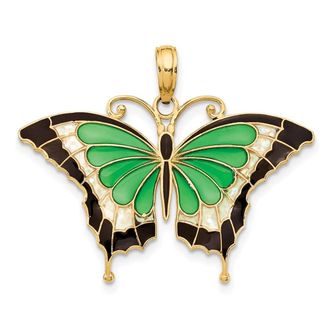 Diamond2Deal 14k Yellow Gold Green Enameled Butterly Pendant