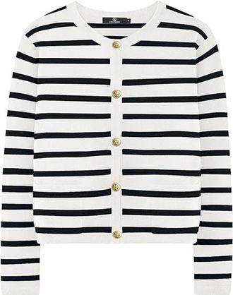 Generic Women Striped Cardigan Sweaters, Knitted Gold Buttons Crew Neck Sweater with Pocket, Cropped Knit Lady Casual Jackets Coat (White and Black,M)