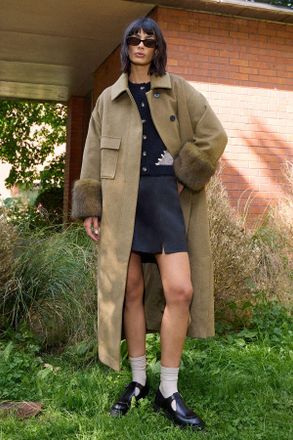 Warehouse Womens Patch Pocket Asymmetric Fur Trim Car Coat - Green - Size 14 UK