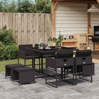 vidaXL Set De Comedor De Jard&iacute;n 9 Pzas Y Cojines Rat&aacute;n Sint&eacute;tico Negro Vidaxl