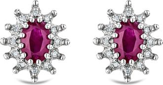The Diamond Store Ruby 6 x 4mm And Diamond Cluster 925 Sterling Silver Earrings