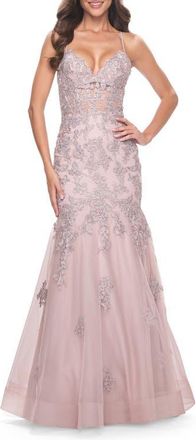 La Femme Mermaid Lace Embellished Gown with Illusion Top in Mauve at Nordstrom, Size 12
