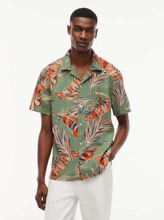 Tommy Hilfiger Mens Regular Fit Leaf Linen-Blend Camp Shirt - Ghost Fern - XXL