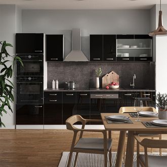 Vicco Mueble De Cocina R-line, Negro Brillo/blanco, 300 Cm Con Armario Alto, Sin Encimera