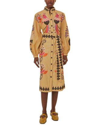 Farm Rio Farm Rio Flower Bird Embroidered Khaki Midi Dress