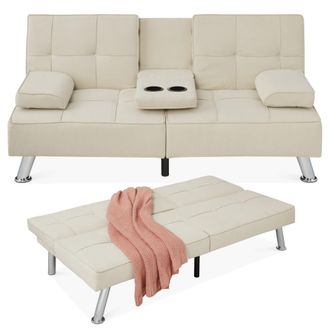 Best Choice Products Modern Linen Convertible Futon Sofa Bed w/ Removable Armrests, Metal Legs, Cupholders
