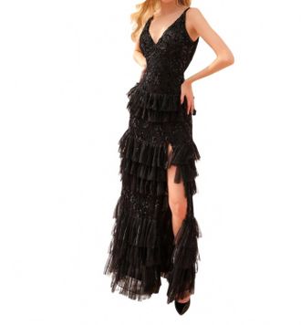 Primavera Beaded Long Ruffled Prom Dress In Black