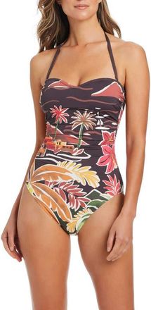 Bleu Rod Beattie Tropical Print Shirred Bandeau One-Piece Swimsuit in Dark Grenache at Nordstrom, Size 14