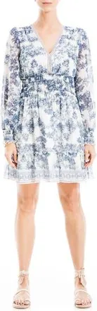 Max Studio Long Sleeve Smocked Georgette Minidress in White/blue Multi at Nordstrom Rack, Size X-Small