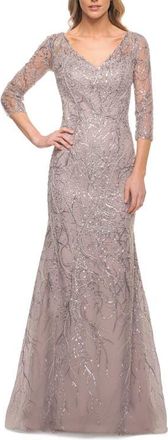 La Femme Stunning Lace Beaded Gown with Illusion Sleeves in Lavender/gray at Nordstrom, Size 14