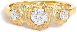 House of Brilliance 14K Yellow Gold Plated Sterling Silver 1/2 Ctw Lab Grown Diamond Floral 3-Stone Ring in Yellow Gold Over Silver at Nordstrom, Size