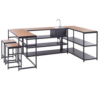 Beliani Conjunto De Cocina De Exterior De 6 Piezas Acero Negro Encimeras De Madera Pl&aacute;stica Mesa De Bar 2 Plazas Y Mueble Con Fregadero Monomando Avetrana