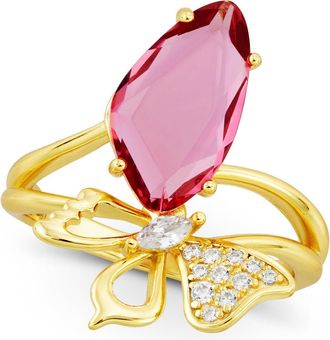 Savvy Cie Jewels GOLD PLATED OVER STERLING SILVER PINK GLASS AND WHITE CZ RING