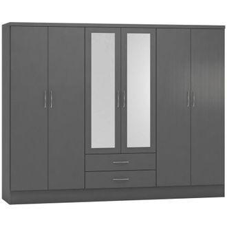 Seconique Nevada 6 Door 2 Drawer Mirrored Wardrobe - L52 x W230 x H182.5 cm - 3D Effect Grey
