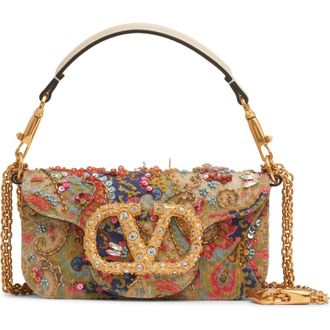 Valentino Garavani Small Loc&ograve; VLOGO Beaded Paisley Shoulder Bag in Butter White/Crystal Multi at Nordstrom