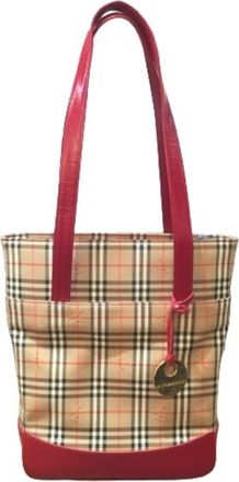 Burberry Beige Red Color Canvas Tote Bag (Pre-Owned)
