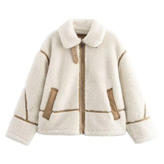 Generic Womens Faux Fur Jackets Winter Trendy Fuzzy Oversized Sherpa Leather Patchwork Jacket Lapel Zip Up Coat Outfits
