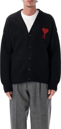 Ami Adc Heart Intarsia V-Neck Wool Cardigan