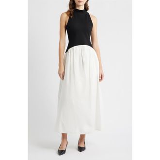 French Connection Mixed Media Ponte & Poplin Maxi Dress in Black-Summer White at Nordstrom, Size X-Large