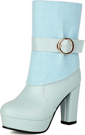 Generic Womens Round Toe Platform Ankle Booties Chunky High Heels Faux Fur Lined Zipper Comfort Fashion Winter Shoes (7.5,Blue)