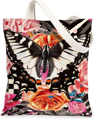 Generic Butterfly Floral Canvas Tote Bag, Rose Pattern Reusable Grocery Bags, Spring Vintage Lightweight Washable Shoulder Strap Ca, Black, 13x15 Inch