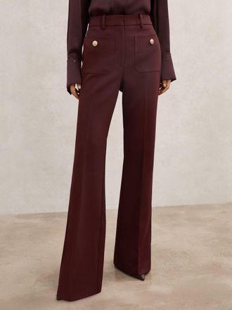 Reiss Dark Red Petite Button-pocket Flared Trousers, 14
