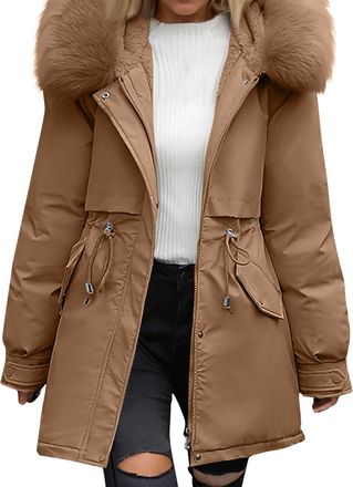 Generic Down Jacket Fur Coat Women Down Anorak Mid-Length Anorak Comfortable Plush-Lined Coats Breathable Coat Fluffy Loose-Fit Jackets Hiking Parka Coffee XX