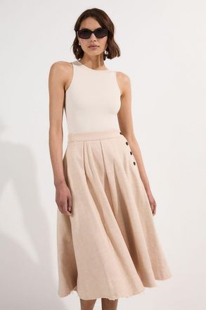 Karen Millen Womens Spring Tweed Tailored Pleated Full Skirt - White Cotton - Size 16 UK