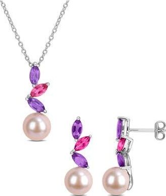 Delmar 8-8.5mm Pink Cultured Freshwater Pearl Pendant Necklace & Drop Earrings Set in Purple Multi at Nordstrom Rack