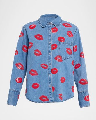 Alice & Olivia Finely Denim Lips Oversized Shirt