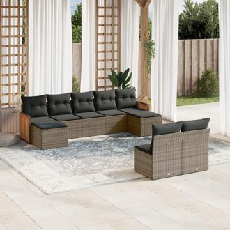 vidaXL Set De Muebles De Jard&iacute;n 9 Pzas Y Cojines Rat&aacute;n Sint&eacute;tico Gris Vidaxl